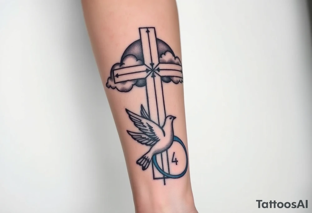 Big cross with clouds in the back with a dove a the bottom left of the forearm with a blue circle ring it and the number 4 to the of the dove. cover the whole forearm tattoo idea