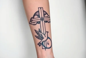 Big cross with clouds in the back with a dove a the bottom left of the forearm with a blue circle ring it and the number 4 to the of the dove. cover the whole forearm tattoo idea