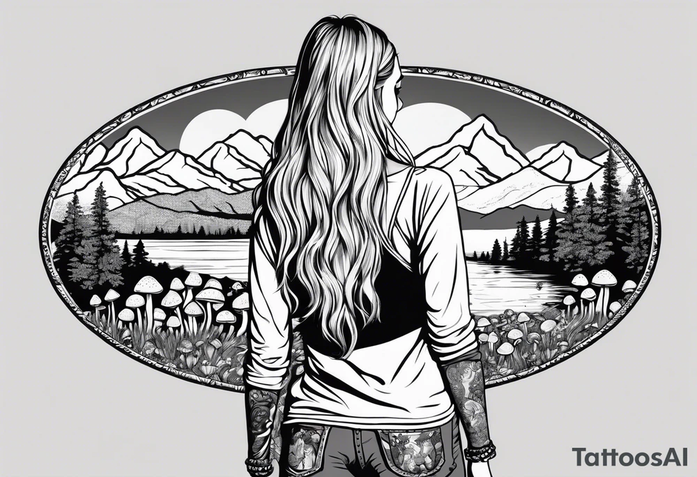Whole picture encircled fully

Straight long blonde hair hippie girl in distance holding mushrooms in hand facing away toward mountains and creek surrounded by mushrooms long sleeve shirt and hiking pants; whole rendering within a full circle, no cut off circle tattoo idea