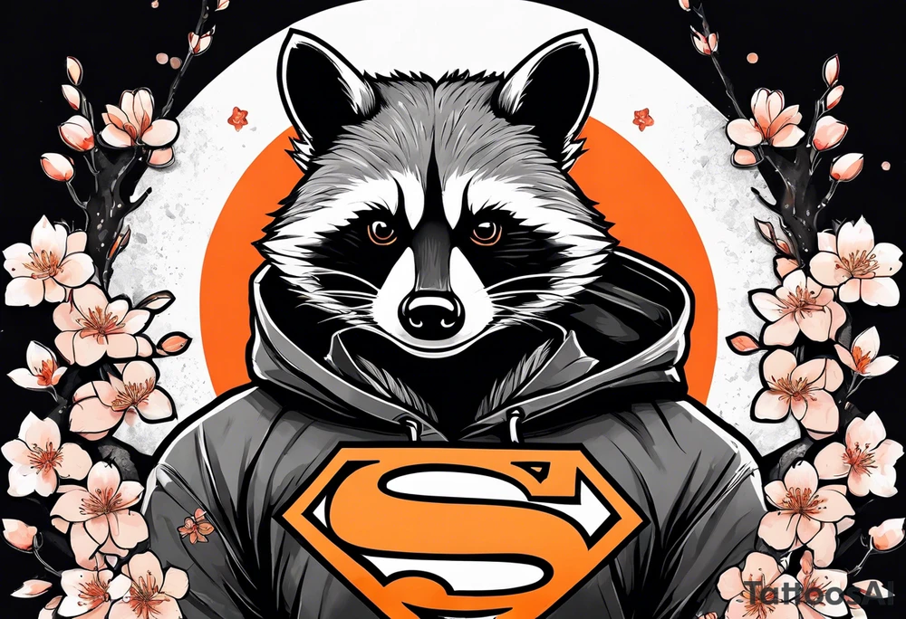 Raccoon wearing a white Superman logo on a black hoodie and orange Japanese cherry blossoms beside tattoo idea