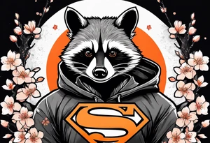 Raccoon wearing a white Superman logo on a black hoodie and orange Japanese cherry blossoms beside tattoo idea