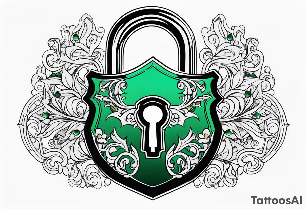 Lock and key with emerald stone tattoo idea