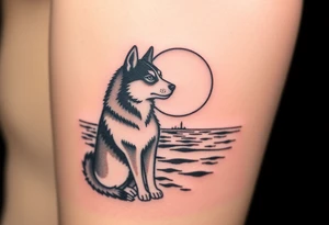 HUSKY STANDONG IN THE SEA AT NIGTH LOOKING AT HALF OF MOON tattoo idea