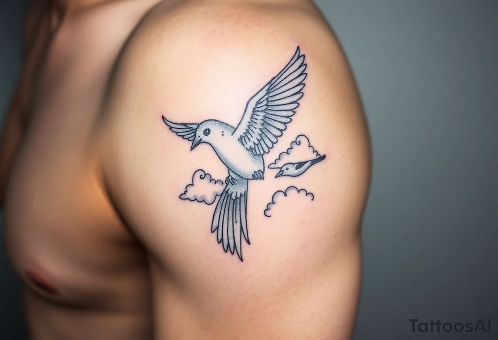Dove and a blue jay, clouds, shining light to or from heaven tattoo idea