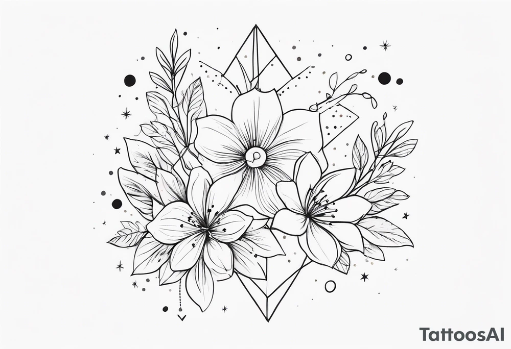 fine line with stars, floral, dots tattoo idea