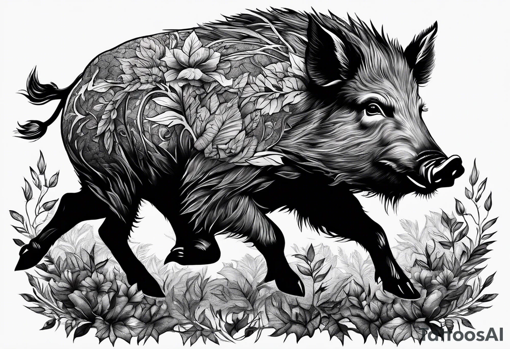 angry wild boar emerging from a tree
lots of foliage
on the wrist tattoo idea