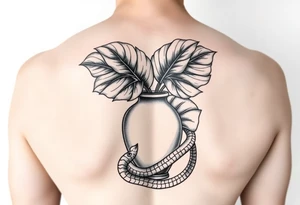 Large Decorative vase with large monstera leaves and a snake wraped around tattoo idea