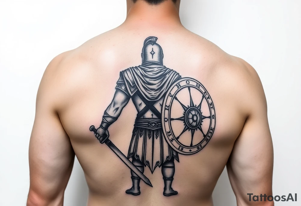 gladiator standing facing the arena short sword in hand shield in the other hand tattoo idea