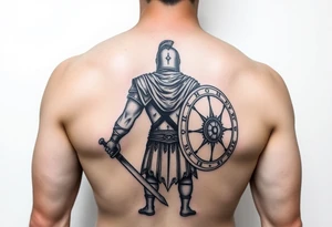 gladiator standing facing the arena short sword in hand shield in the other hand tattoo idea