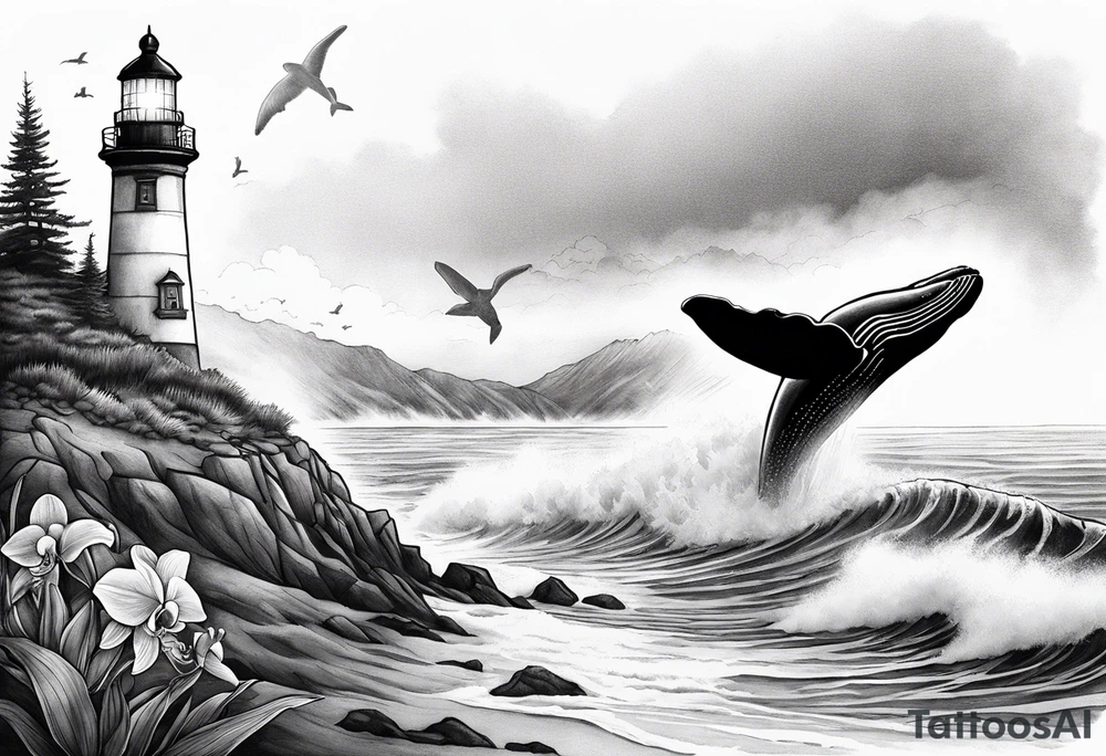 Lighthouse on a beach with light on in the fog and a humpback whale's tail sticking out of the water of the ocean with a border containing an anchor and orchids tattoo idea