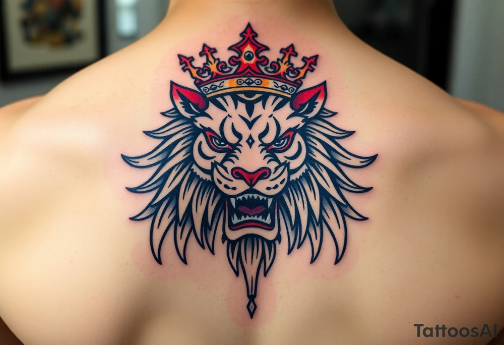 Japanese lion wearing crown tattoo idea