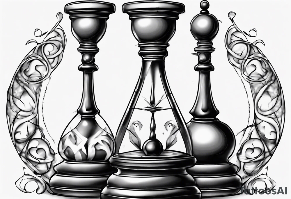 hourglass in the shape of a chess peace with filagree in the background tattoo idea