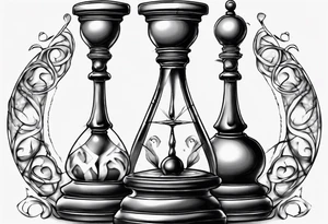 hourglass in the shape of a chess peace with filagree in the background tattoo idea
