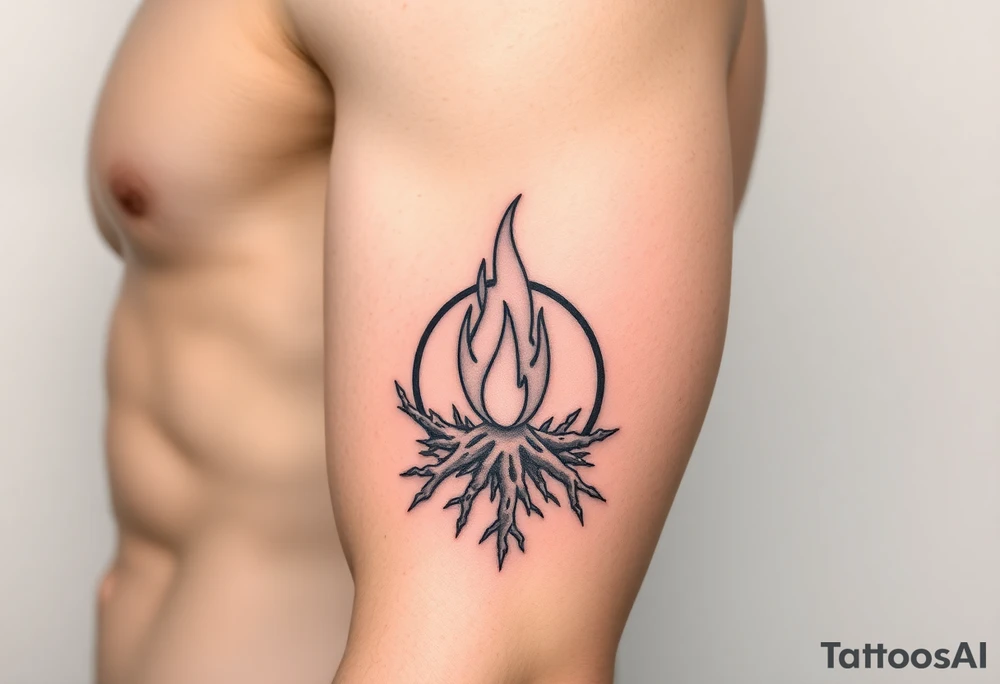 a flame imprisoned in a roots circle tattoo idea