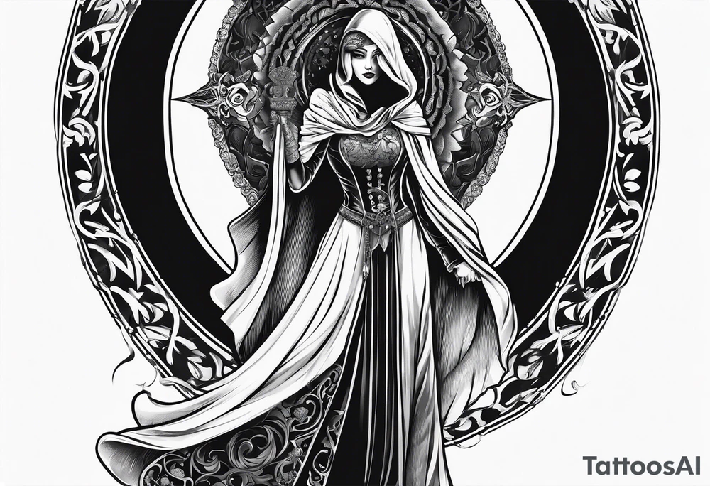 Shadow cloak protecting beautiful dagger tattoo idea