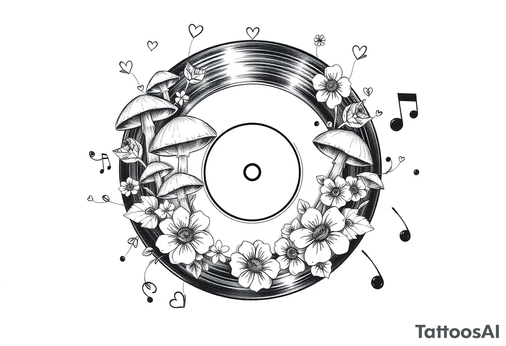 vinyl record with mushrooms, flowers, hearts, and music notes tattoo idea