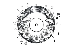 vinyl record with mushrooms, flowers, hearts, and music notes tattoo idea
