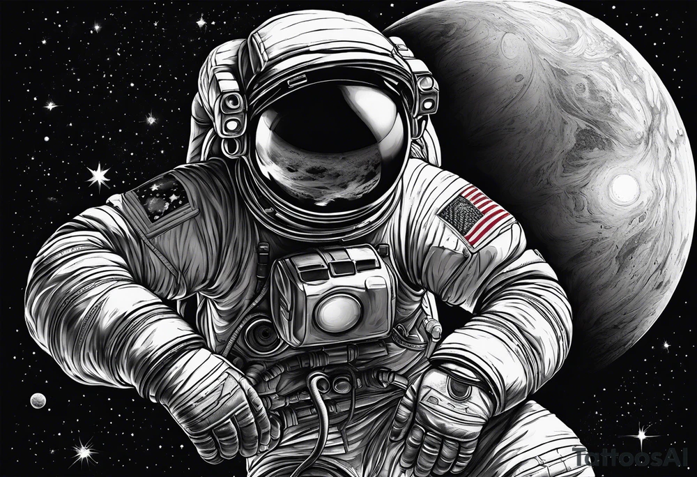 an astronaut hunched over in space from the back holding a planet in his hands tattoo idea