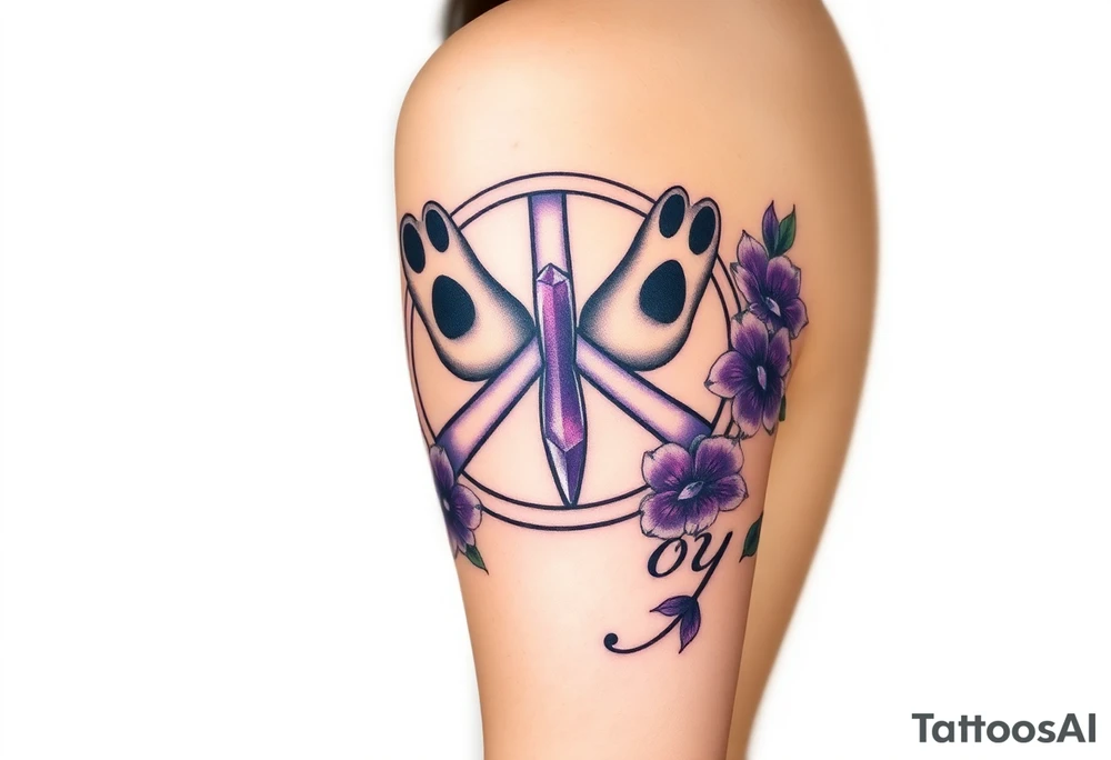 peace symbol with dog prints and purple inside, Pisces symbol, intertwined with violets, amethyst, initials csb in cursive font tattoo idea