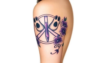peace symbol with dog prints and purple inside, Pisces symbol, intertwined with violets, amethyst, initials csb in cursive font tattoo idea