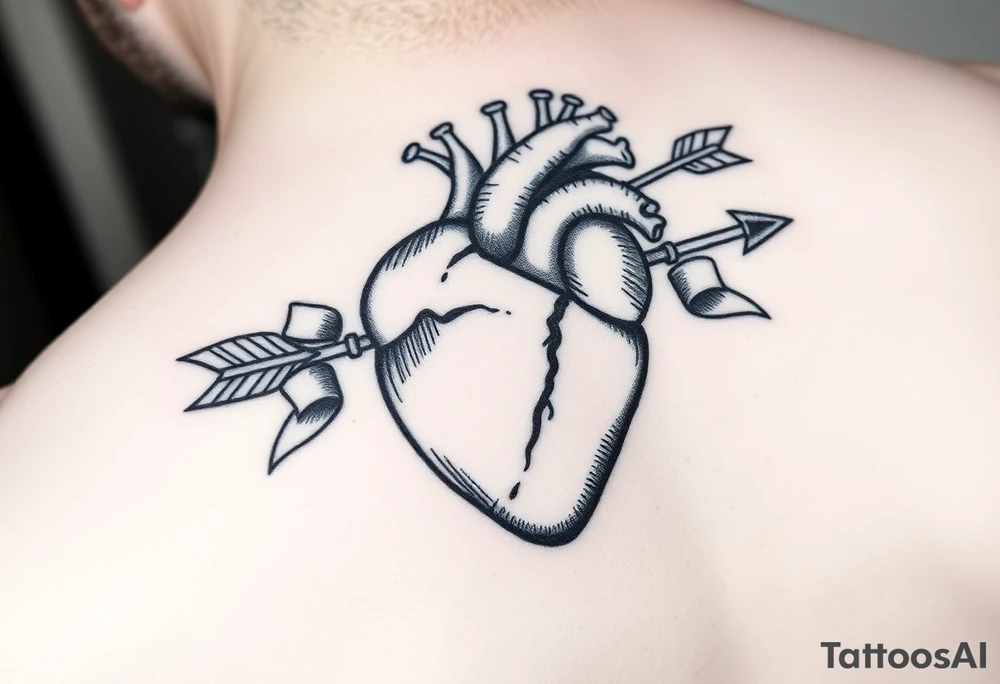 anatomical heart pierced by ornate arrow with flowing ribbons tattoo idea