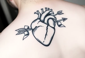 anatomical heart pierced by ornate arrow with flowing ribbons tattoo idea