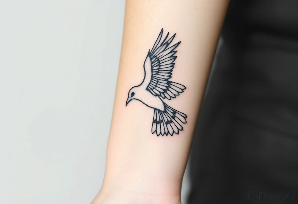 A detailed raven in mid-flight, wings spread wide with intricate feather patterns, symbolizing Tris’s journey tattoo idea