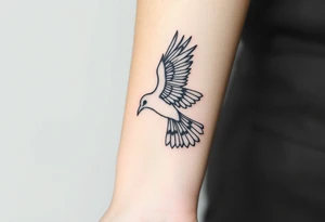 A detailed raven in mid-flight, wings spread wide with intricate feather patterns, symbolizing Tris’s journey tattoo idea