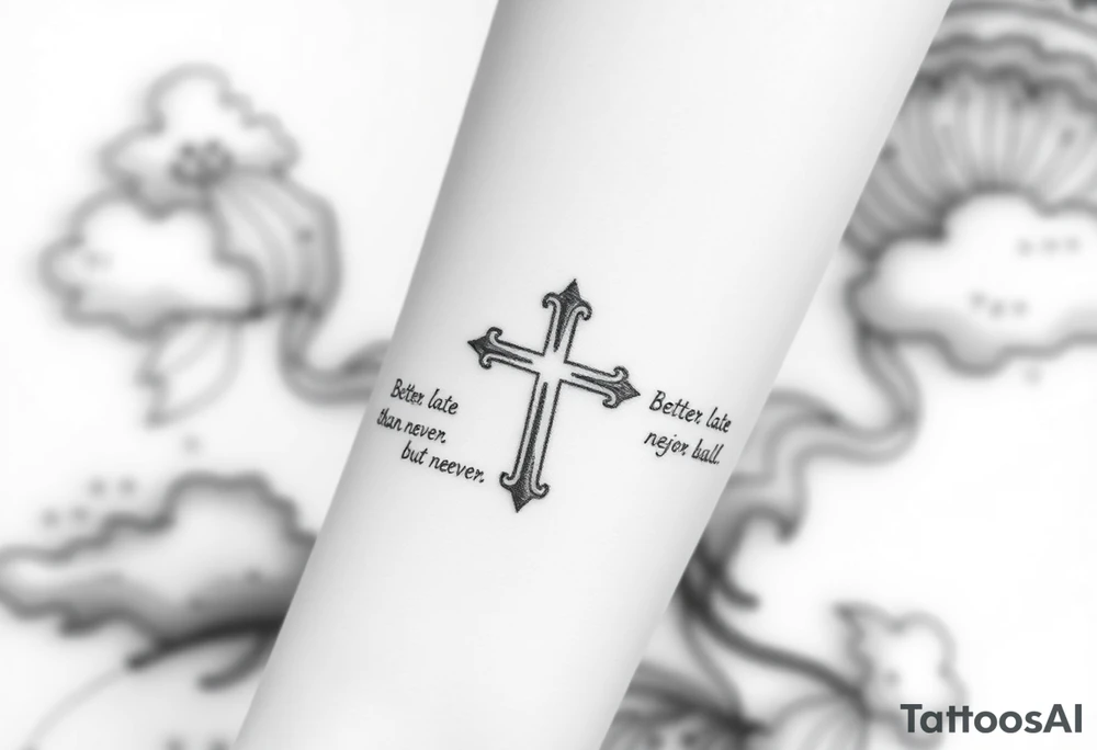Element	Inhalt & Stil
Zentrales Kreuz	Schlicht, zentral, leicht schattiert
Linke Seite	„Better late than never, but never late is better.“
Rechte Seite	Zitat deiner Wahl (z. B. „Time waits for no one.“)
Hintergrund	Schattierte Wolken, evtl. mit Lichtstrahl
Platzierung	Innerer Unterarm, vertikal verlaufend tattoo idea