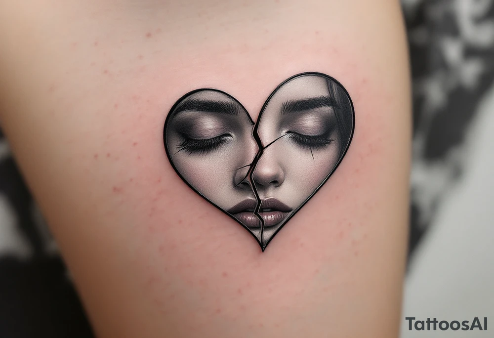 A heart-shaped mirror, cracked in the center, reflecting distorted memories of love in grayscale tones. tattoo idea