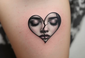 A heart-shaped mirror, cracked in the center, reflecting distorted memories of love in grayscale tones. tattoo idea