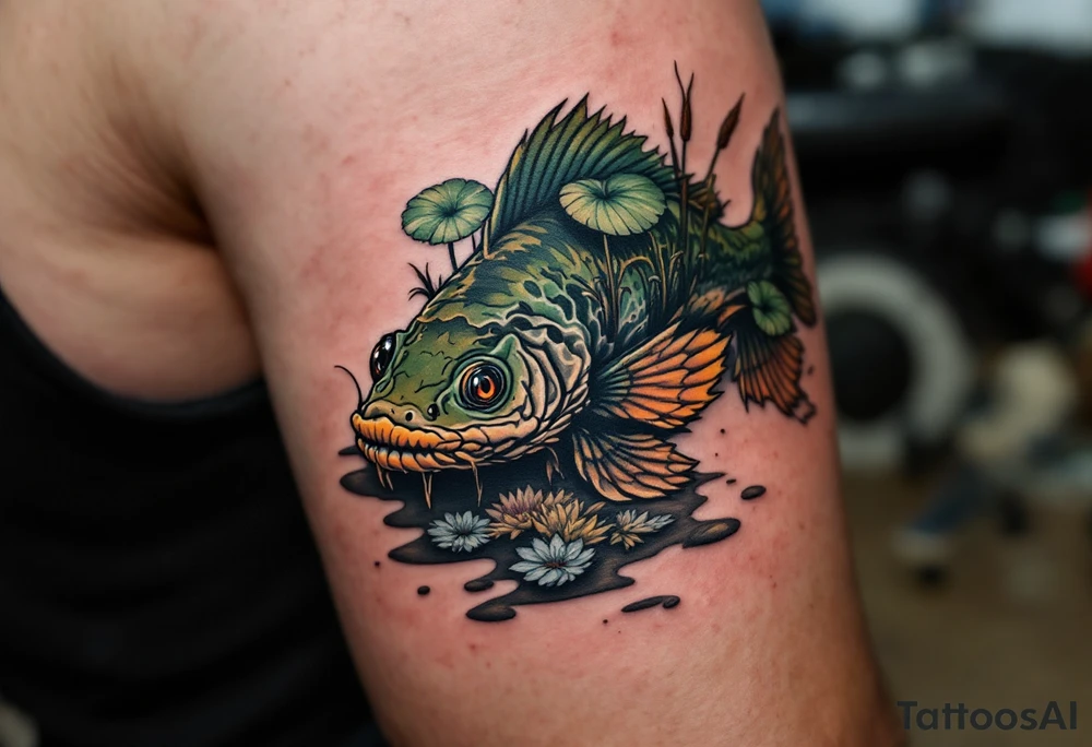 Swamp Guardian Catfish – A dark mossy green and mud-brown catfish resting beneath lily pads and cattails, evoking deep Southern waters. tattoo idea