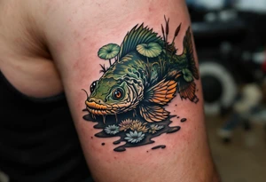 Swamp Guardian Catfish – A dark mossy green and mud-brown catfish resting beneath lily pads and cattails, evoking deep Southern waters. tattoo idea