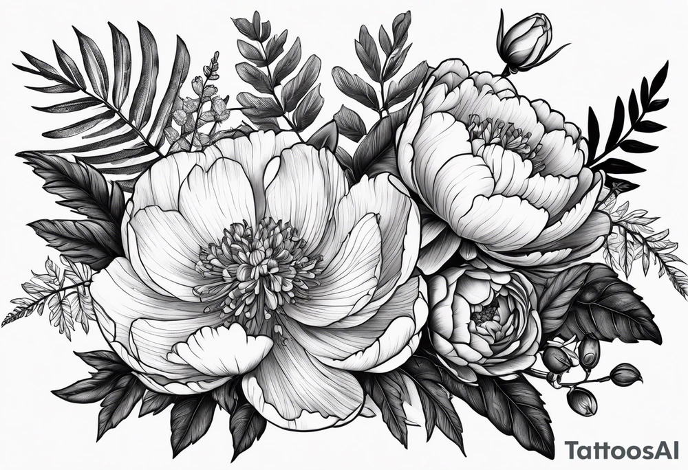 Peony flowers, fern fronds, Rosa laevigata, and hellebores tattoo idea