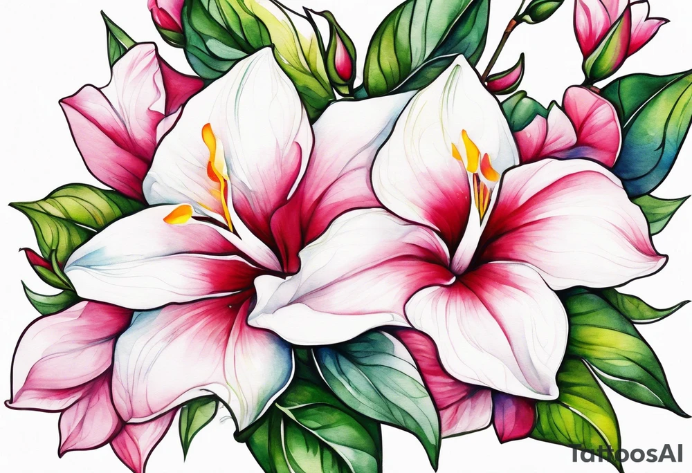 white background, abstract mandevilla flowers on a vine, part of it watercolor, part of it just line work tattoo idea