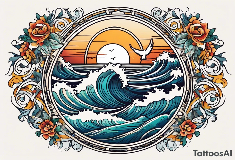 vintage traditional tattoo of ocean waves 
within a circle and banner across bottom deep waters sun birds
beach tattoo idea