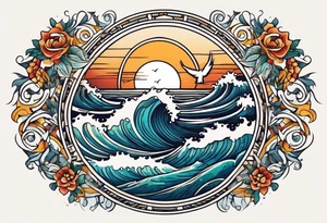 vintage traditional tattoo of ocean waves 
within a circle and banner across bottom deep waters sun birds
beach tattoo idea