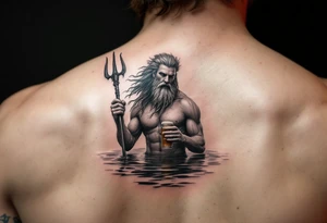 poseidon in calm water, holding a trident, holding a beer, with bare feet tattoo idea