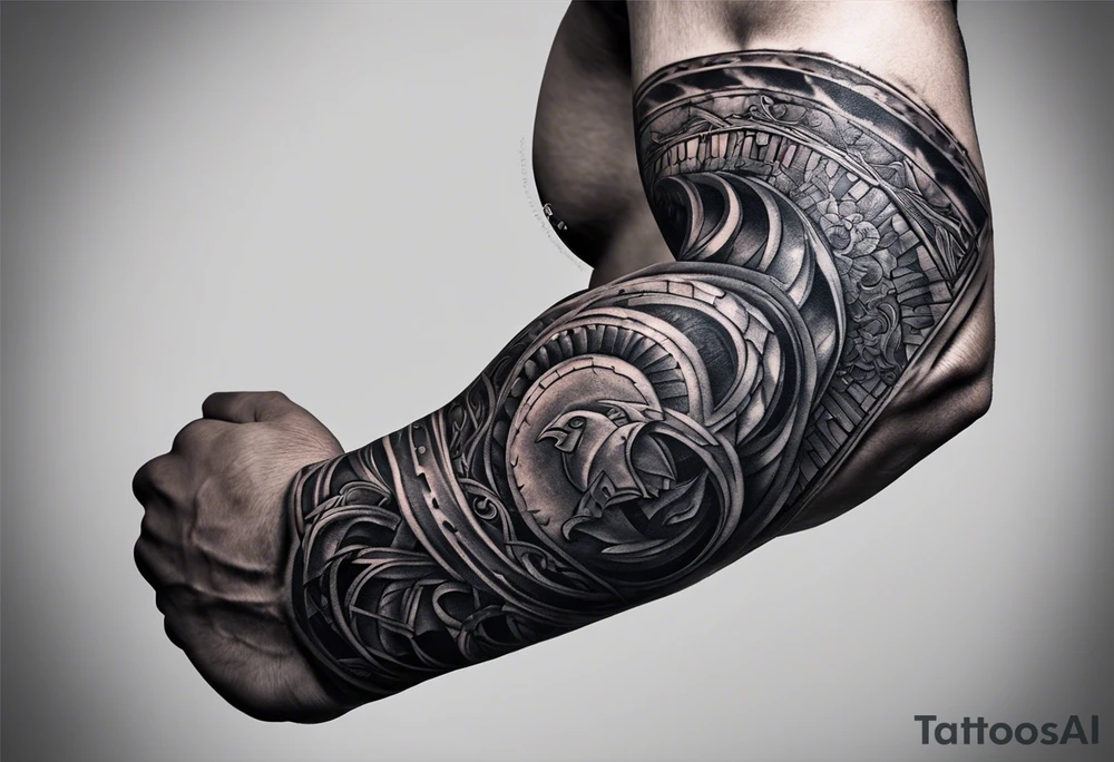Certainly! Here's the updated description for a bicep and upper arm tattoo:

---

**Tattoo Description:**

**Design:** Black and gray detailed illustration.
**Location:** Bicep and upper arm.
**Concept:** Scene from Dante's Inferno, inspired by Gustave Doré's illustrations.

**Details:**

1. **Main Elements:**
   - A dark forest with towering trees and rocky terrain.
   - Two small figures standing at the entrance of a dark cave, symbolizing the descent into hell.
   
2. **Style:**
   - Detailed line work capturing the intricate details of the forest and rocky environment.
   - Black and gray shading to create depth and contrast, emphasizing the eerie and foreboding atmosphere.

**Overall Feel:**
   - A haunting and dramatic scene that evokes the mysterious and ominous journey through Dante's Inferno.

---

This version is tailored for the bicep and upper arm, providing a clear and concise vision for your tattoo artist. tattoo idea