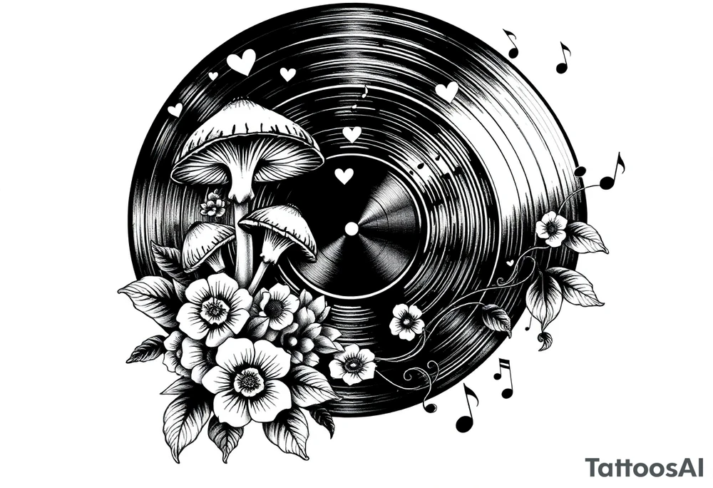 vinyl record with mushrooms, flowers, hearts, and music notes tattoo idea