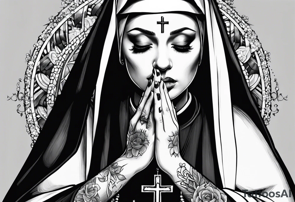 nun with nails in her eyes praying to god tattoo idea