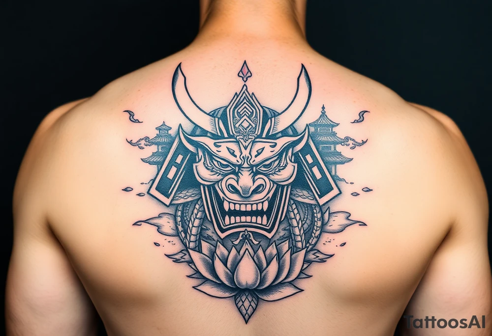 arm Sleeve.
Samurai oni mask, Japanese temple, water, lotus tattoo idea