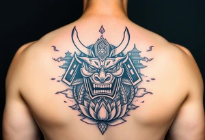arm Sleeve.
Samurai oni mask, Japanese temple, water, lotus tattoo idea