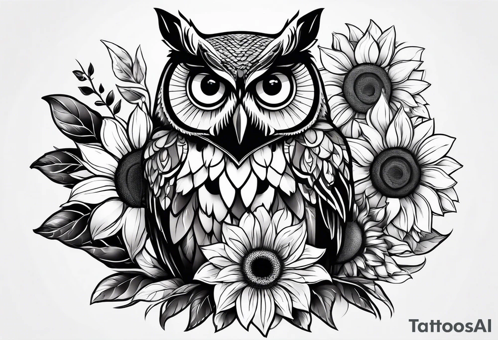 Black and white owl with sunflowers leg sleeve tattoo idea