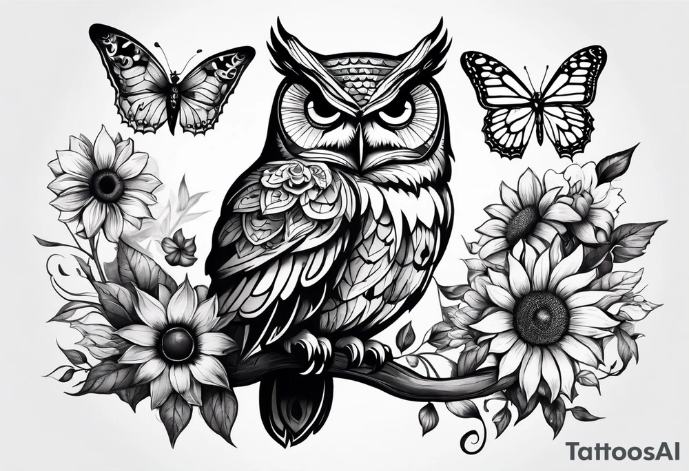 Owl, butterfly and sunflower are sleeve tattoo idea