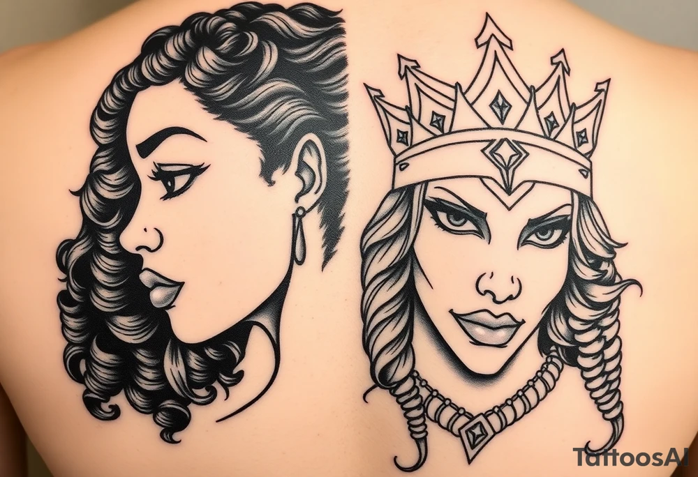 A beautiful woman with beautiful curly hair, and a teardrop falling from her eyes, African American- other 1/2 a beautiful warrior women with a crown and a smirk on her face. Embodying 1/2 faced one soft and gentle-one strong and mighty. Blend together onto 1 face tattoo idea
