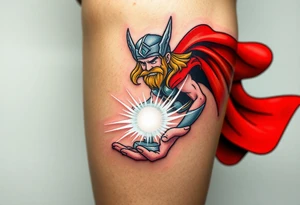 Thor’s red cape flowing in the wind, with Mjölnir spinning above his open palm, creating a vortex of energy, in cinematic full color with glowing white streaks. tattoo idea