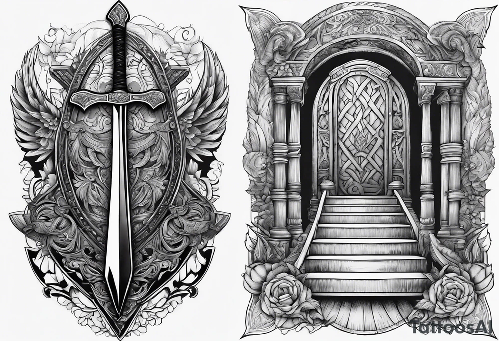 Valhalla sword shield stairs axe tattoo idea