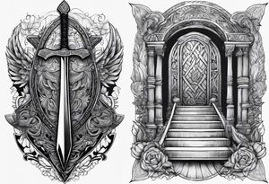 Valhalla sword shield stairs axe tattoo idea