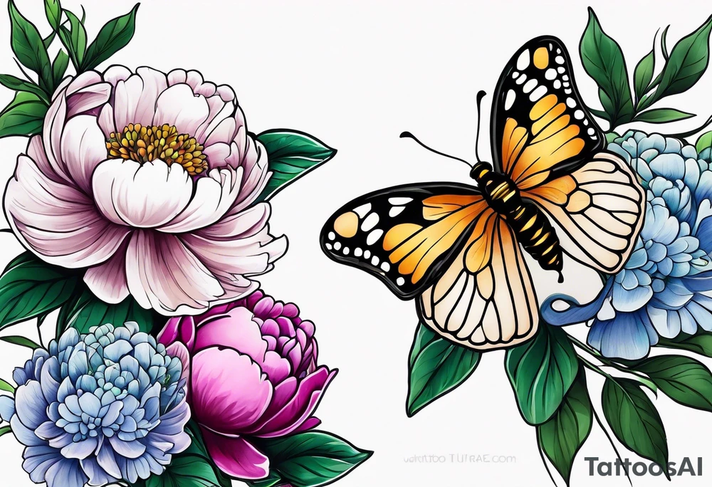 Vibrant peony with hydrangea and leaves and a bee lilac flowers tattoo idea